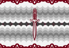 a red and white pattern with a large knife on it's side, in the middle