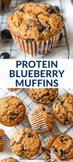 blueberry muffins on a cooling rack with the words, protein blueberry muffins