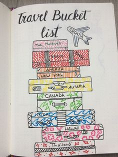 an open travel bucket list book with lots of colorful writing on the front and bottom