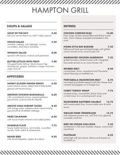 the hampton grill menu is shown in black and white