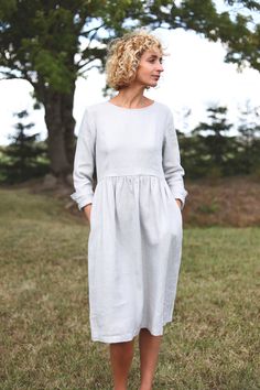 Flax Linen Long Sleeve Dress With Relaxed Fit, Spring Long Sleeve Linen Dress With Pockets, Long Sleeve Flax Linen Dress, Long Sleeve Flax Linen Day Dress, Casual Long Sleeve Flax Dress, Long Sleeve Flax Linen Dress For Daywear, Long Sleeve Flax Dresses For Summer, Long Sleeve Linen Dress In Flax Color, Flax Linen Long Sleeve Dress