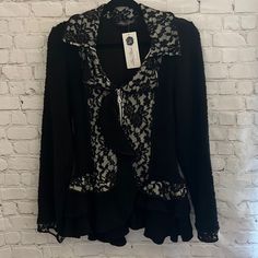 New With Tags. Excellent Condition. Zips Up! Very Unique Piece. No Size Tag But Fits A Small! Black Lace Trim Tops For Winter, Black Lace Trim Top For Winter, Black Long-sleeve Outerwear With Lace Trim, Black Long Sleeve Outerwear With Lace Trim, Fitted Black Outerwear With Lace Trim, Black Lace Trim Outerwear For Winter, Castle Basement, Sweater Tunic, Zip Up Sweater