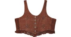 Brown Bask Buttoned Frilled Boho Crop Top in Tunic-Shirt - A beautiful nature brown scooped soft rayon crop top with a georgette frill and buttons in the middle. Features: Embroidered, Bohemian. Brown Sleeveless Hippie Top, Bohemian Brown Crop Top, Fitted Bohemian Brown Crop Top, Brown Sleeveless Bohemian Top, Brown Bohemian Crop Top For Spring, Bohemian Brown Crop Top For Spring, Bohemian Sleeveless Buttoned Top, Brown Sleeveless Top For Festival, Sleeveless Brown Top For Festival