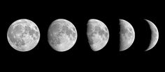 six phases of the moon are shown in black and white, as well as four smaller ones