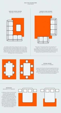 an orange and white poster shows the different types of furniture in this room, including couches, tables, and chairs