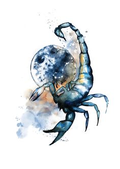 a watercolor painting of a blue crab with the moon in its claws on it's back