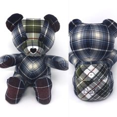 a teddy bear is wearing a plaid shirt