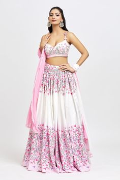 White and pink cotton floral print embroidered attached cancan lehenga. Paired with a hand embroidered padded blouse and matching embellished dupatta. - Aza Fashions Cotton Lehenga With Chikankari Embroidery For Navratri, Pink Cotton Anarkali Set With Floral Print, Pink Cotton Saree Set, Pink Floral Print Cotton Anarkali Set, Pink Floral Cotton Anarkali Set, Pink Cotton Sharara With Resham Embroidery, Traditional Cotton Lehenga With Floral Print, Pink Cotton Sharara With Pallu, Fitted Cotton Anarkali Set With Unstitched Blouse