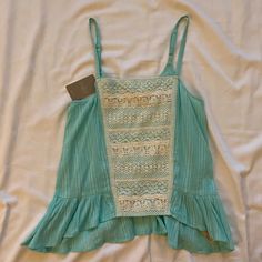 Anthropologie Blue Tank Top - White Lace Detail On Front - Adjustable Straps - 100% Cotton - Loose Fit