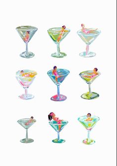 an assortment of different colored martinis with women in them on the top and bottom