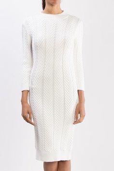 Mock neck, cable knit, sweater pencil dress, in ivory with 3/4 sleeve. Super soft material. Very forgiving fit. 55% Viscose 27% Polyester 18% Nylon Fall Weekend Outfits, Cable Knit Dress, Cable Knit Sweater Dress, Sweater Refashion, Wear To Work Dress, Ivory Dress, No See, Affordable Fashion Women, Ivory Dresses