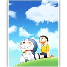 a person sitting on top of a hill next to a cartoon cat and another character