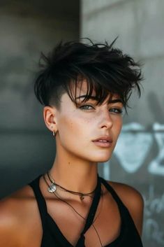 Pixie Hairstyles Short Shaved Sides, Short Hairstyle Women Fade, Female Pixie Haircut, Short Hairstyle Oval Face, Fauxhawk For Women, Ruby Rose Haircut, Fade Haircut Women, Very Short Bangs, Short Punk Hair