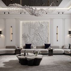 a living room with couches, tables and chandelier