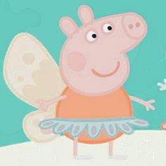 a cartoon pig with a butterfly wings on its back, standing in front of a blue background