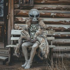 an alien is sitting on a bench in front of a log cabin wearing silver clothing