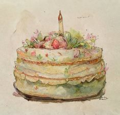 a watercolor painting of a cake with a candle on top and flowers around it