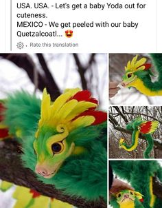 a green and yellow dragon stuffed animal sitting on top of a tree branch