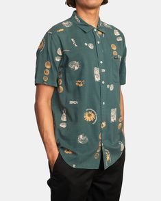 SOFT AND COMFORTABLE, THE RVCA PET CACTUS SHORT SLEEVE SHIRT FEATURES AN ALLOVER PRINT FOR A BOLD LOOK. MADE FROM LIGHTWEIGHT, COTTON VISCOSE FABRIC, THIS MEN’S BUTTON-DOWN SHIRT IS BUILT WITH A TRADITIONAL COLLAR, SLIGHTLY SCALLOPED HEM AND SINGLE CHEST POCKET FOR ALL YOUR NEEDS. MEN’S BUTTON-DOWN SHIRT. FABRIC: COTTON VISCOSE POPLIN BLEND. LIGHTWEIGHT. FIT: EASY, SLIGHTLY RELAXED FIT. PRINT: ALL-OVER PRINT. SLEEVES: SHORT SLEEVES. COLLAR: TRADITIONAL COLLAR. POCKETS: SINGLE CHEST POCKET. HEM: Short Sleeve Dress Shirt, Teal Orange, Shirt Fabric, Cotton Viscose, Viscose Fabric, Scalloped Hem, Fabric Cotton, Chest Pocket, Short Sleeve Shirt