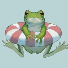 a green frog sitting on top of a red and white striped life preserver in the water