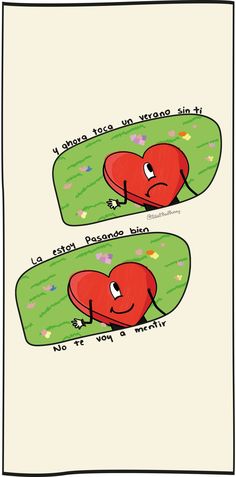 two red hearts are in the grass and one has eyes wide open to look at each other