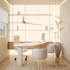 an office with a white desk and chairs