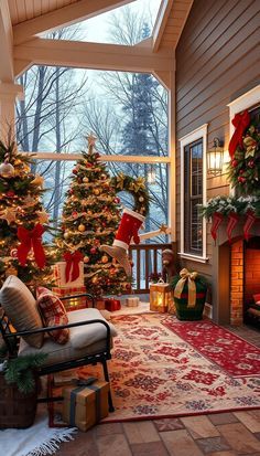 a decorated porch with christmas trees and presents