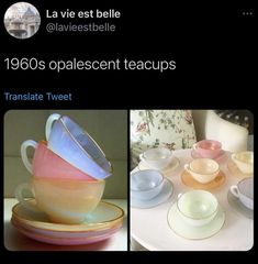 two pictures of teacups and saucers on a table with the same color