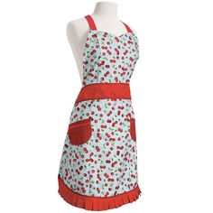 a white and red apron on a mannequin