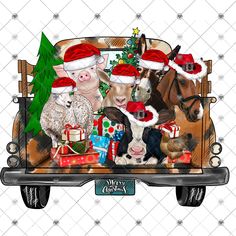 an image of christmas animals in the back of a truck with presents and gifts on it