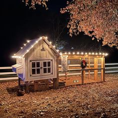 a small wooden shed with lights on the roof and door is in front of a fence