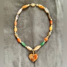 New Gorgeous Vintage Handmade Beaded Necklace With Rare Multicolor Gemstone And Agate Beads And Pretty Heart Pendant. Sturdy, Beautiful Open Box Clasp. Necklace Is 18”. The Pendant Is About 1.5” Long. Never Worn! Multicolor Beaded Heart Pendant Necklace, Heart-shaped Beaded Necklaces With Natural Stones For Gift, Heart-shaped Beaded Necklaces With Natural Stones, Bohemian Beaded Necklace With Heart Pendant, Heart-shaped Beaded Necklace With Natural Stones For Gift, Heart-shaped Natural Stone Beaded Necklace For Gift, Bohemian Heart-shaped Necklace With Natural Stones, Bohemian Heart-shaped Natural Stone Necklace, Multicolor Heart-shaped Gemstone Necklace