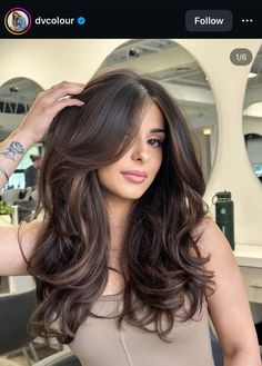 hair inspo, brunette hair, brunette highlights, caramel, mocha, expensive brunette Layers For Long Hair Brunette, Dark Hair Inspiration Brunettes, Bombshell Hair Brunette, Dark Ash Brown Highlights, Dark Root Brown Hair, Brunette Cool Highlights, Brunette Old Money, Luxe Brunette, Hair Color Inspo Brunette