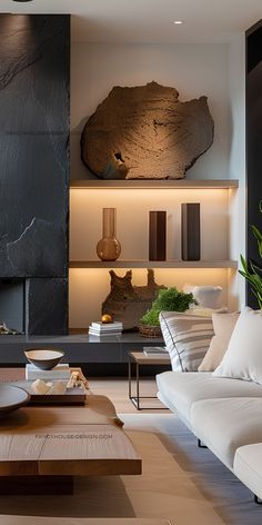 a living room with modern furniture and decor