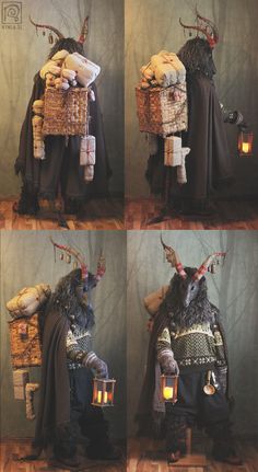 four pictures of an animal dressed up as a man with many things in his hands