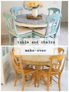 the before and after photos show how to paint an old dining room table with chalk paint