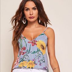 Pretty Shein Top Fresh And Perfect For Spring And Summer. Striped V-neck Tank Top For Spring, Striped Floral Print Tops For Summer, Spring Striped Tops With Floral Print, Tops Shein, Shein Tops, Floral Stripe, Cami Top, Cami Tops, Tankini