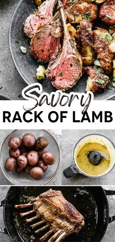 the recipe for savory rack of lamb is shown in this collage with potatoes and