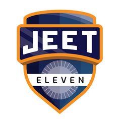 an orange and blue logo with the word jeet eleven on it's side