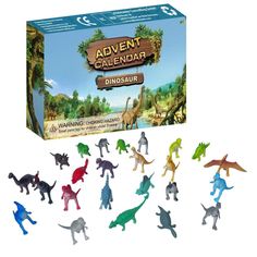 an assortment of dinosaur toys in front of a cardboard box with the title, adventure calendar dinosaurs