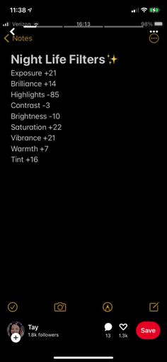 an iphone screen with the text night life filters