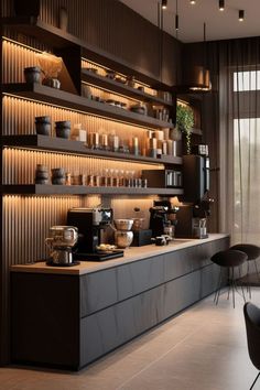 a coffee shop with lots of counter space and shelves filled with cups, saucers, and other items