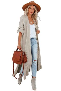 Maxi Loose Split Long Knitted Cardigan Sweater - A.A.Y FASHION – A.A.Y FASHION Duster Outfit, Fall Cardigan, Long Knit Sweater, Long Knit Cardigan, Gilet Long, Cardigan Sweater Coat, Beige Cardigan, Duster Cardigan, Long Sweaters Cardigan