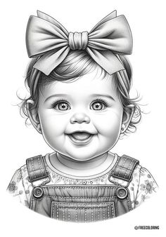 a black and white drawing of a baby girl with a big bow on her head