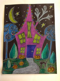 a drawing of a house with pumpkins on it