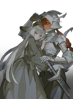 two people dressed in armor and holding swords, one is hugging the other's head