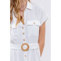 Effortless chic meets laid-back elegance in our August Sky Women's Belted Button-Up Shirt Dress. Featuring a classic spread collar and trendy batwing short sleeves, this dress effortlessly combines style and comfort. The front button-up closure, adorned with two front pockets, adds a touch of utility, while the O-ring belt cinches the waist for a flattering fit. Constructed from lightweight fabric, the U-hemline adds a modern twist. Please note, lighter colors may exhibit a hint of sheerness, em Summer Beach Belted Shirt Dress, Summer Beach Shirt Dress With Belt, Trendy Short Sleeve Summer Shirt Dress, Chic Short Sleeve Shirt Dress With Button Closure, Trendy Short Sleeve Shirt Dress For Beach, Solid Color Short Sleeve Shirt Dress With Button Closure, Trendy Short Sleeve Shirt Dress For The Beach, Chic Solid Color Short Sleeve Shirt Dress, Chic Short Sleeve Shirt Dress With Buttons