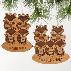 three wooden ornament hanging from a christmas tree with the names of their families