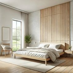 a bed sitting in a bedroom on top of a hard wood floor next to a window