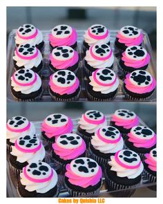 cupcakes with white and pink frosting decorated like panda's faces on them